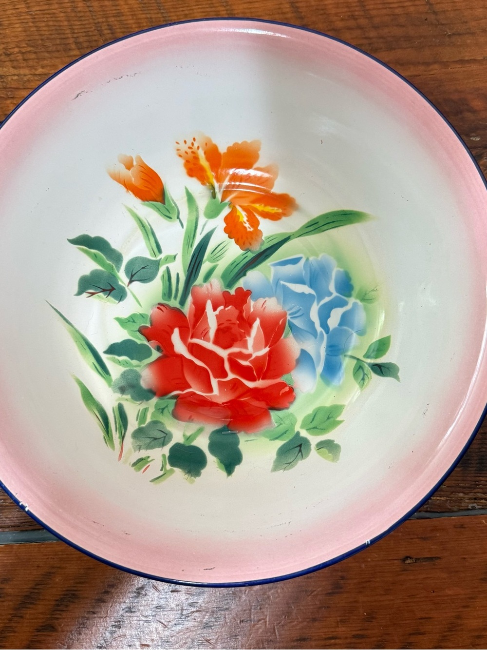 Vintage Floral Enamel Art Bowl - Pink, Red, Geen & Blue